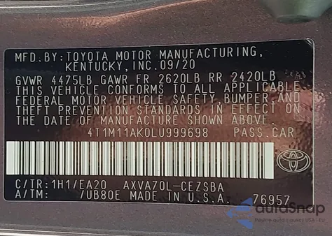 2020 Toyota Camry Se from USA, damaged, VIN 4T1M11AK0LU999698